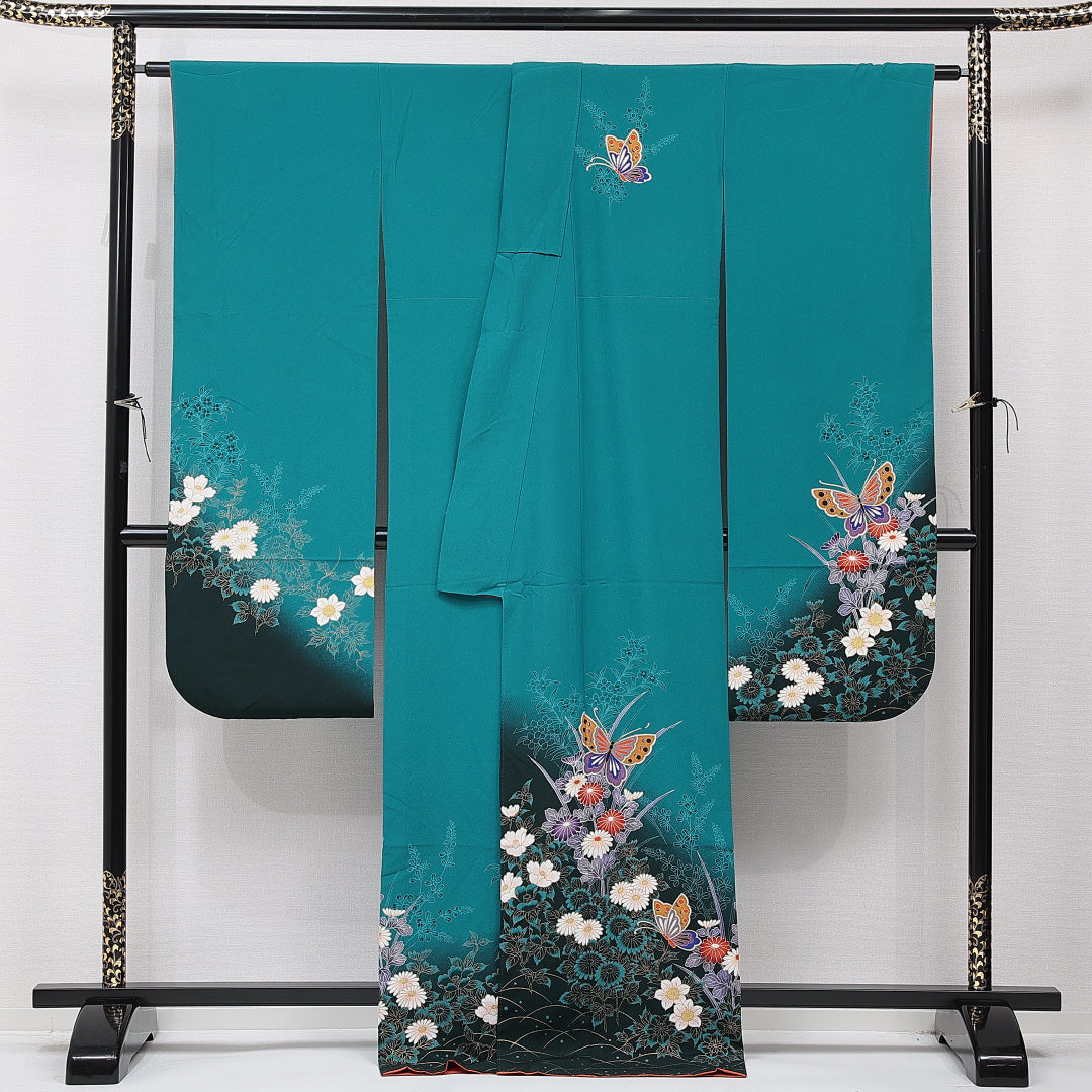 振袖 袷 身丈169cm 裄丈65cm フォーマル Aランク XLサイズ ポリエステル 洗える着物 広衿 蝶 菊 1213-F0717