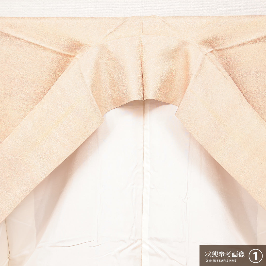 色無地 袷 身丈152cm 裄丈62cm 正絹 Aランク 一つ紋 紋意匠 (菊) セミフォーマル 広衿 Sサイズ 織り出し ガード加工 朱系 RP 1219-16877