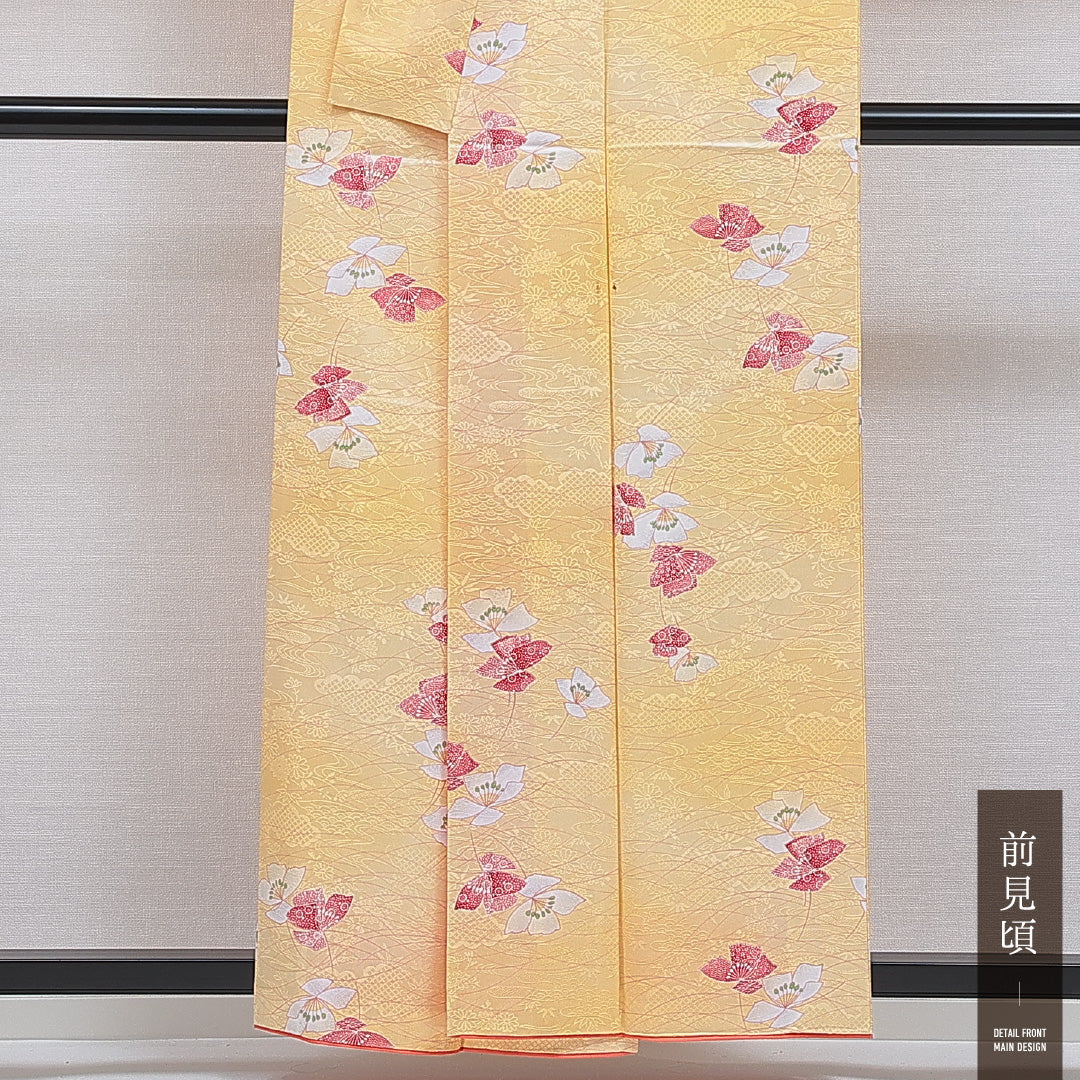 洗える着物 小紋 袷 身丈157cm 裄丈64cm ポリエステル Cランク インフォーマル バチ衿 Mサイズ 花柄 黄系 LP 1221-16433