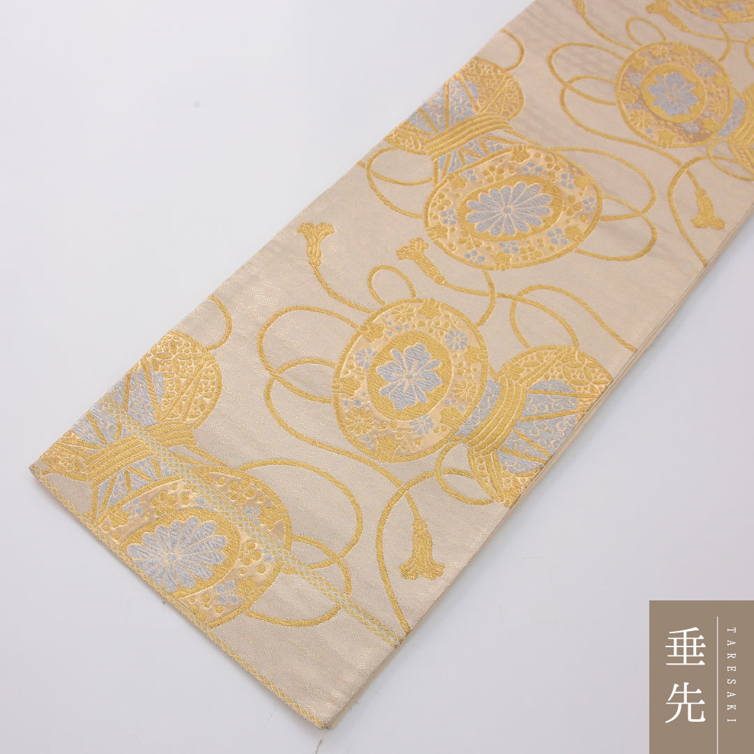 アンティーク 袋帯 帯丈416cm 六通 未仕立て 帯芯なし Aランク 正絹 鼓 金系 クリーム系 1223-02322