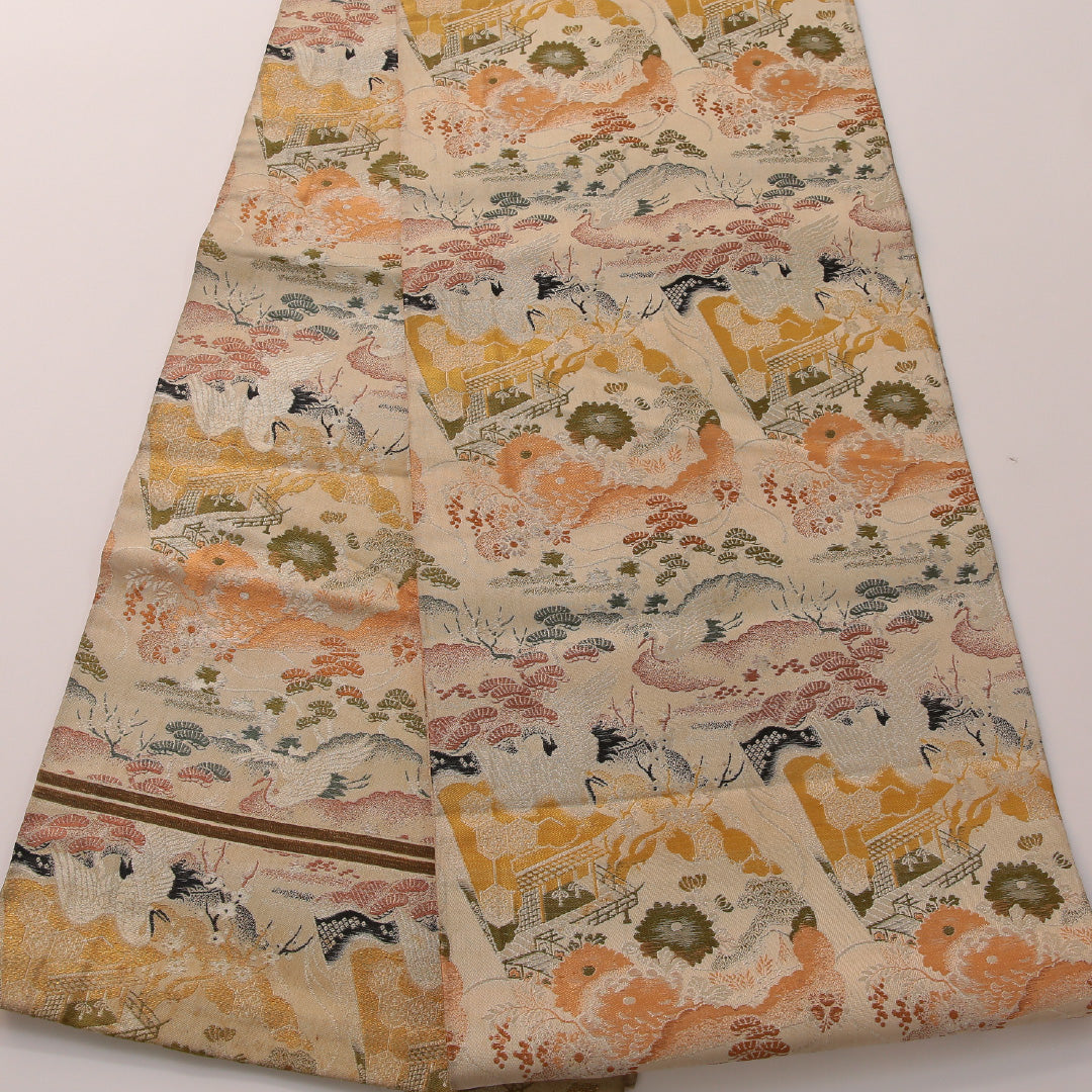 アンティーク 袋帯 帯丈400cm 全通 Cランク 正絹 御所解 松 クリーム系 金系 1223-01911