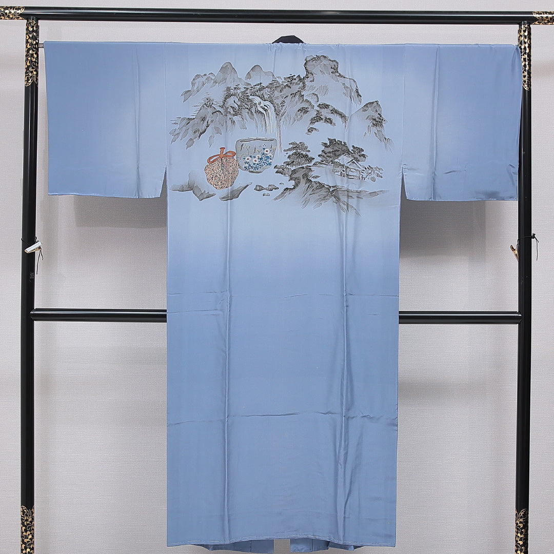 長襦袢 男性用 無双袖 身丈144cm 裄丈69cm 正絹 Cランク Lサイズ 茶道具 山水 水色系 LP 1241-16722