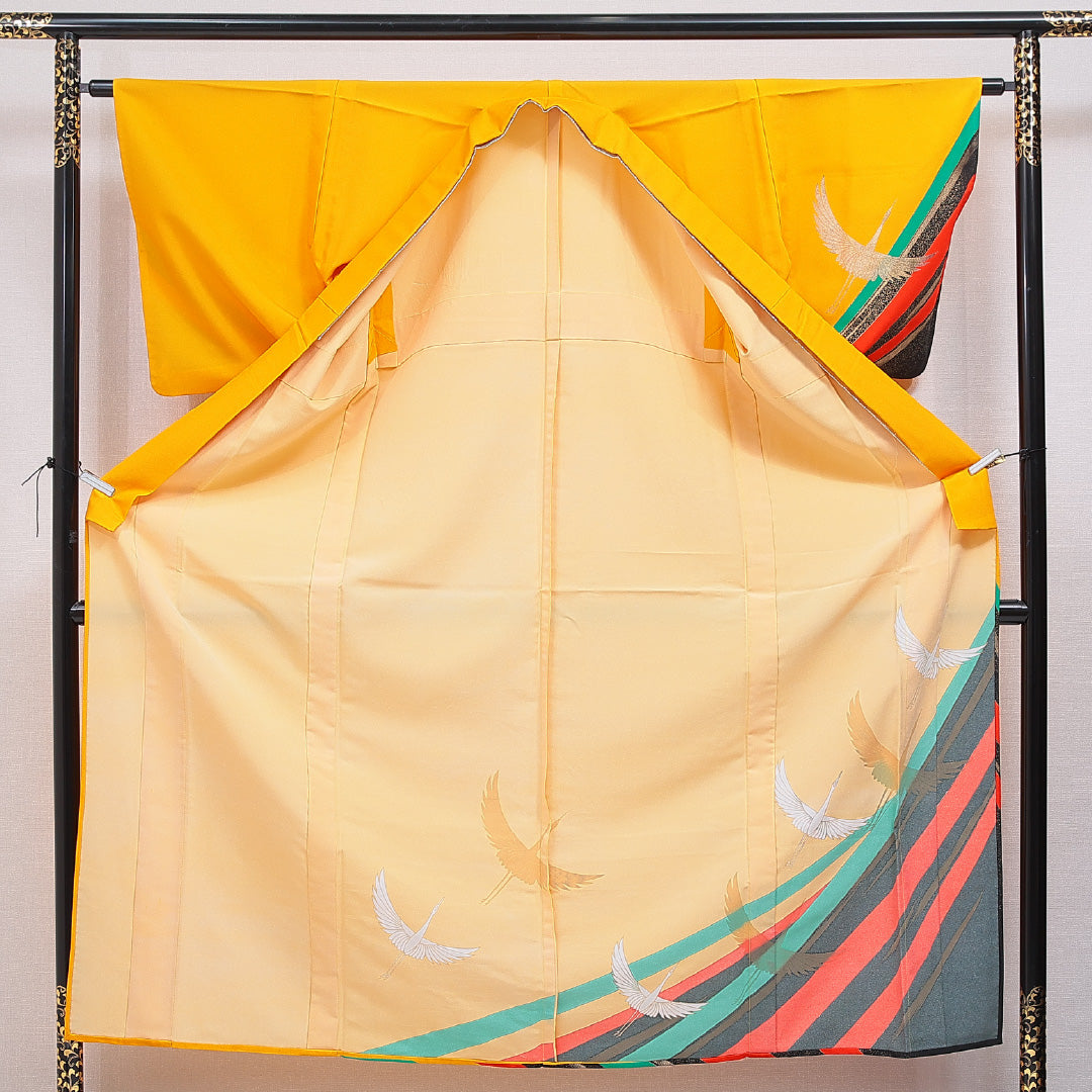 訪問着 洗える着物 単衣 身丈155cm 裄丈62cm ポリエステル Bランク Mサイズ バチ衿 セミフォーマル 鶴 黄系 1212-16336