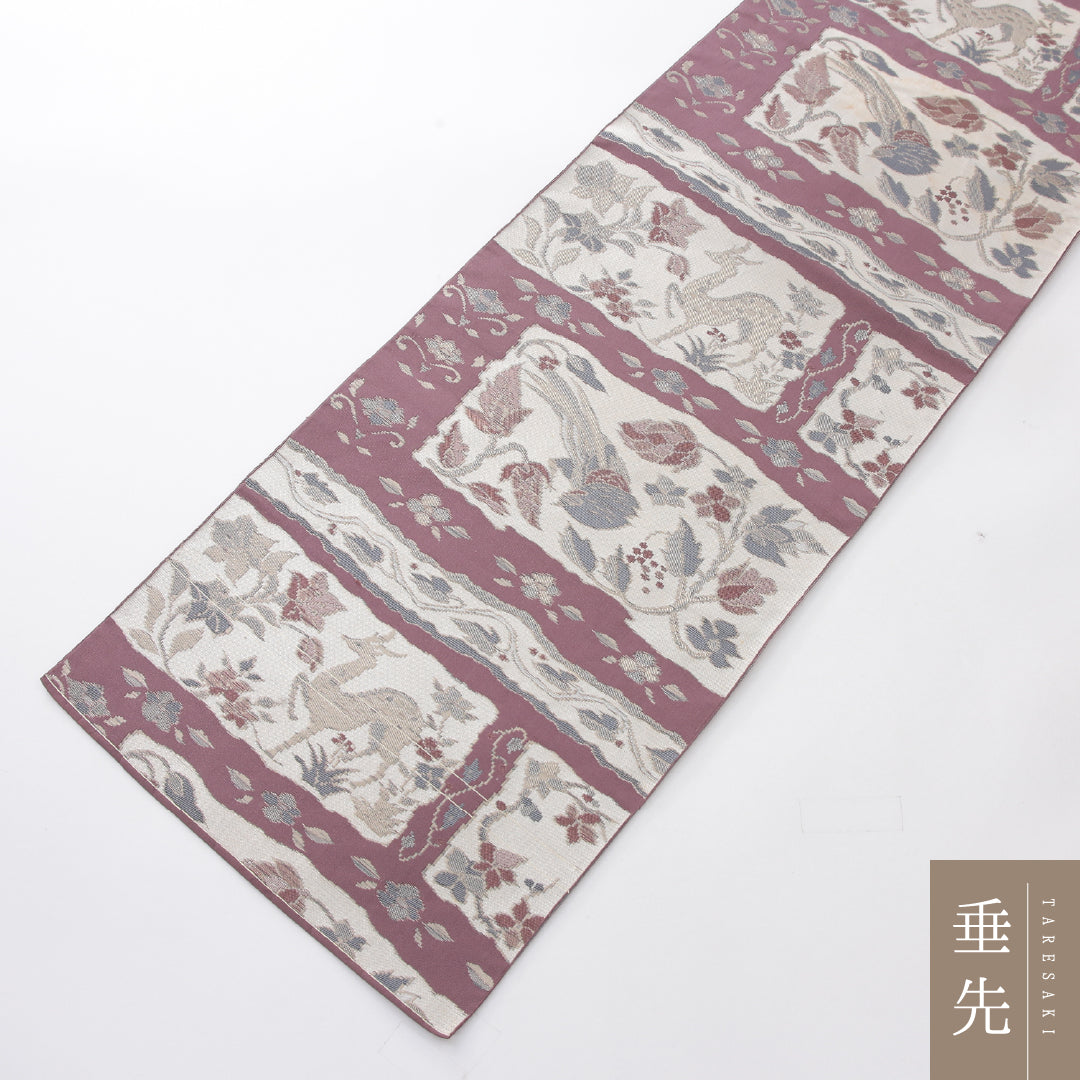 八寸名古屋帯 帯丈355cm カジュアル 名古屋仕立て 六通 帯芯なし Cランク 正絹 鷹 花柄 ピンク系 クリーム系 1224-03998