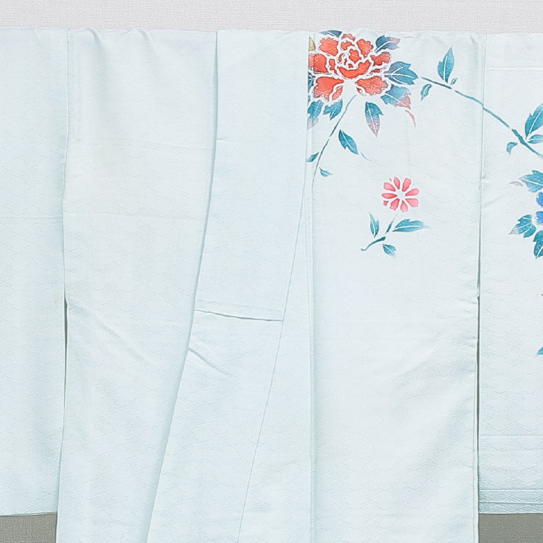 訪問着 袷 身丈159cm 裄丈63cm 正絹 Cランク セミフォーマル 広衿 Mサイズ 刺繍 牡丹 吉祥文様 水色系 LP 1217-15944