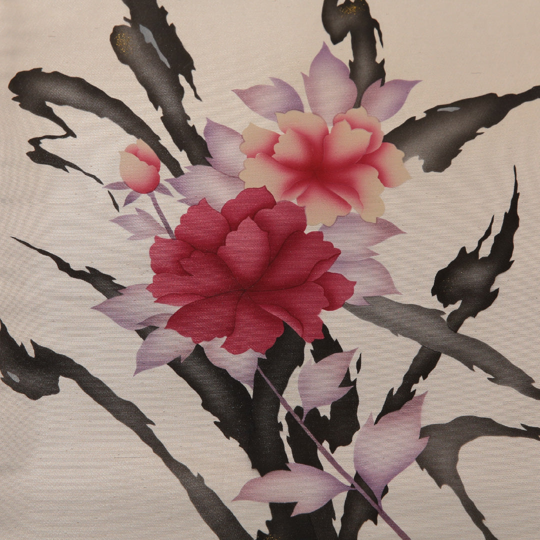 袋帯 帯丈432cm セミフォーマル ポイント柄 Aランク 正絹 染め帯 牡丹 クリーム系 赤系 1223-01903