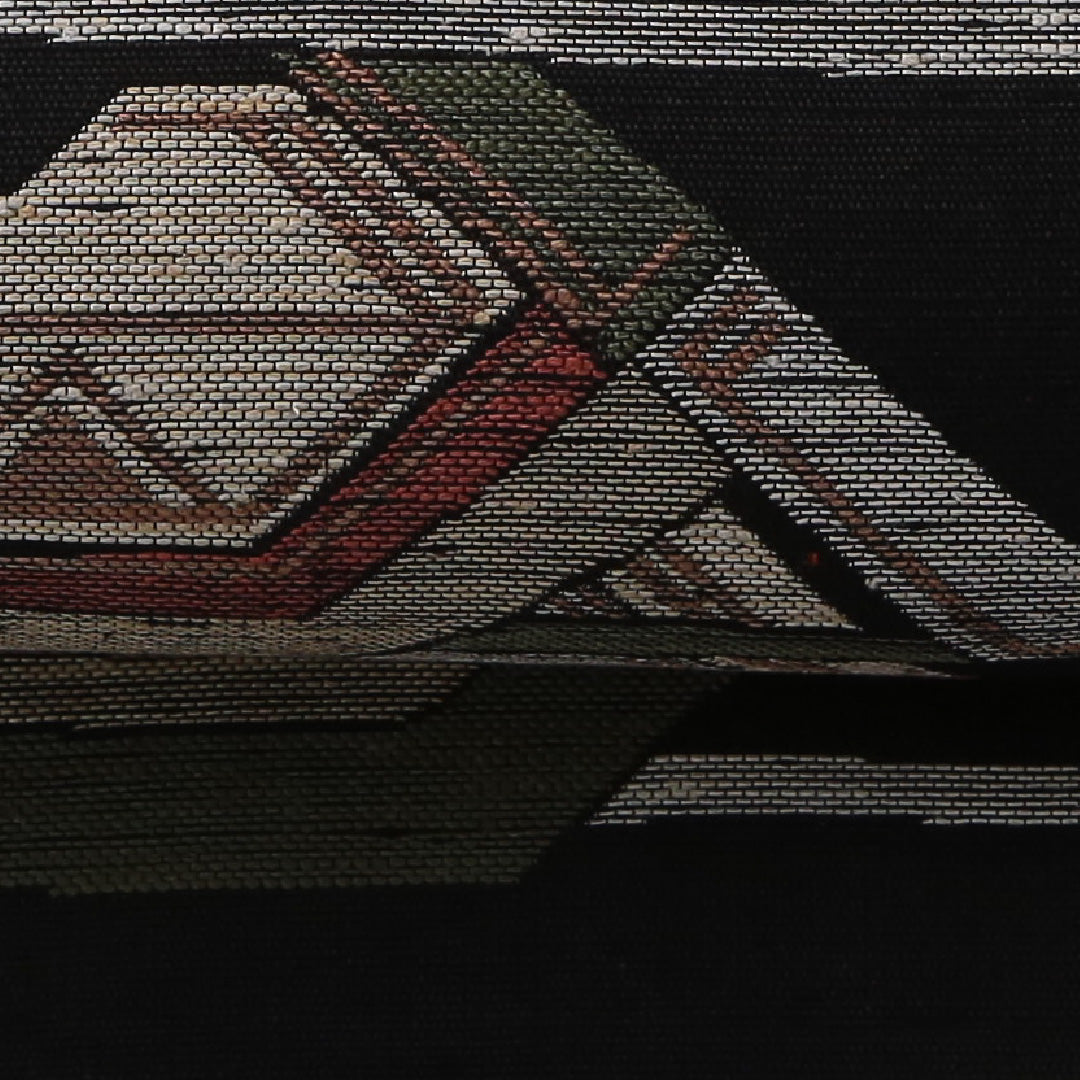 八寸名古屋帯(紬) 帯丈360cm カジュアル 名古屋仕立て 六通 帯芯なし Aランク 正絹 創作柄 黒系 1224-03504