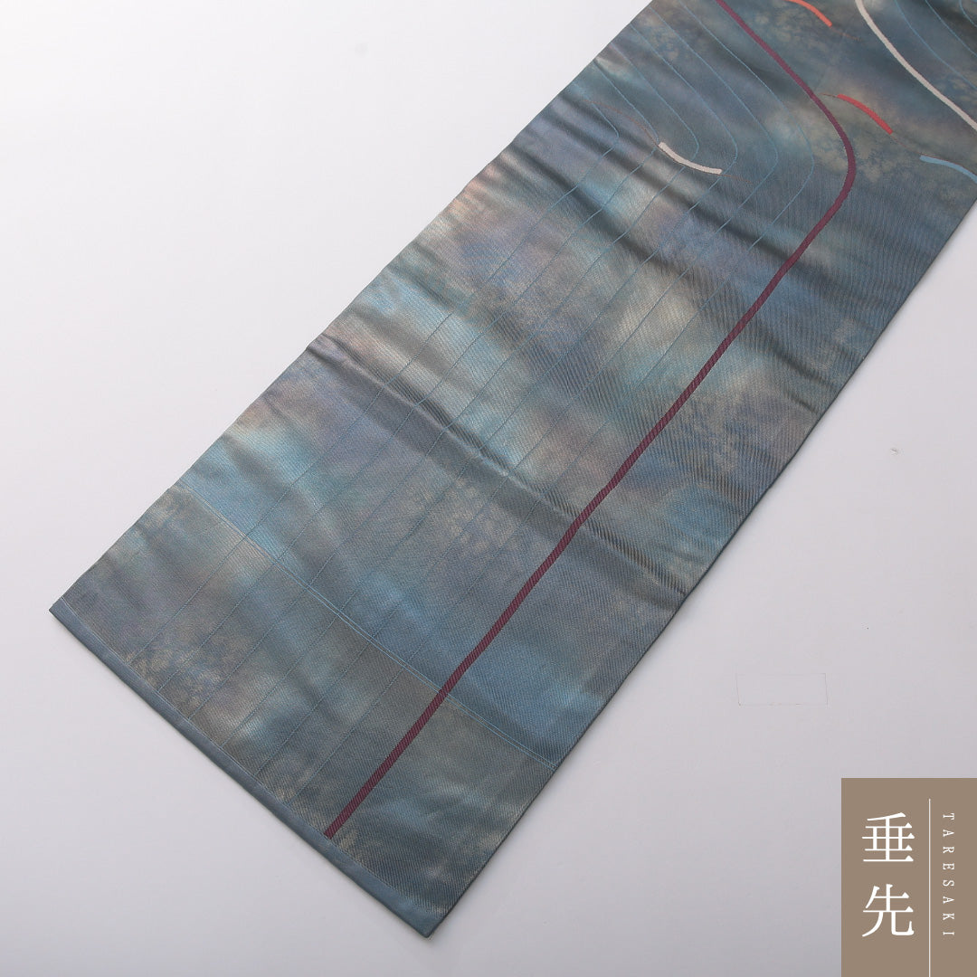 九寸名古屋帯 Sランク 帯丈358cm 正絹 六通 名古屋仕立て 織り インフォーマル 落款 創作柄 青系 RP 1245-03589