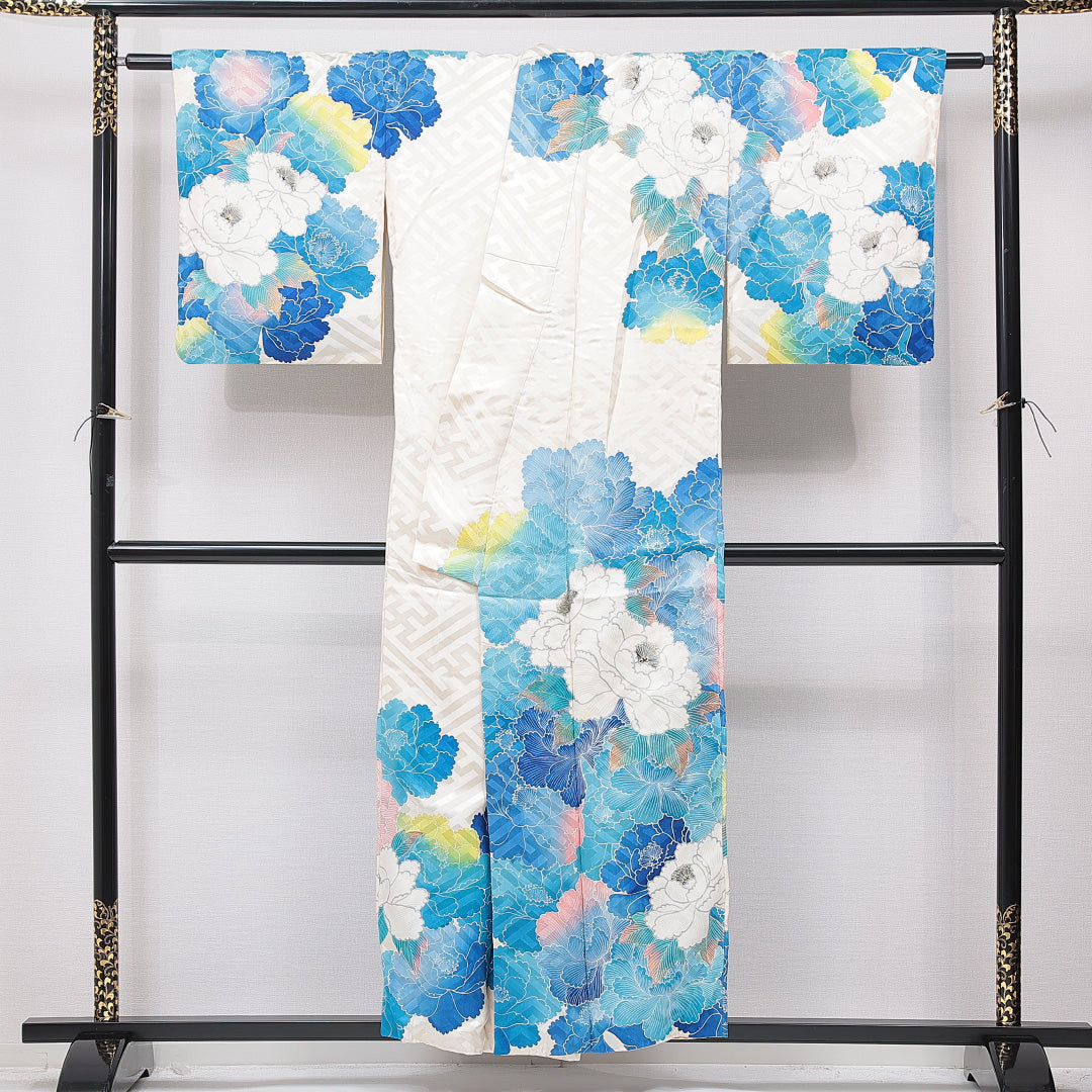 訪問着 袷 身丈154cm 裄丈63cm 正絹 Cランク Sサイズ 広衿 セミフォーマル 牡丹 金彩 クリーム系 水色系 1212-15755