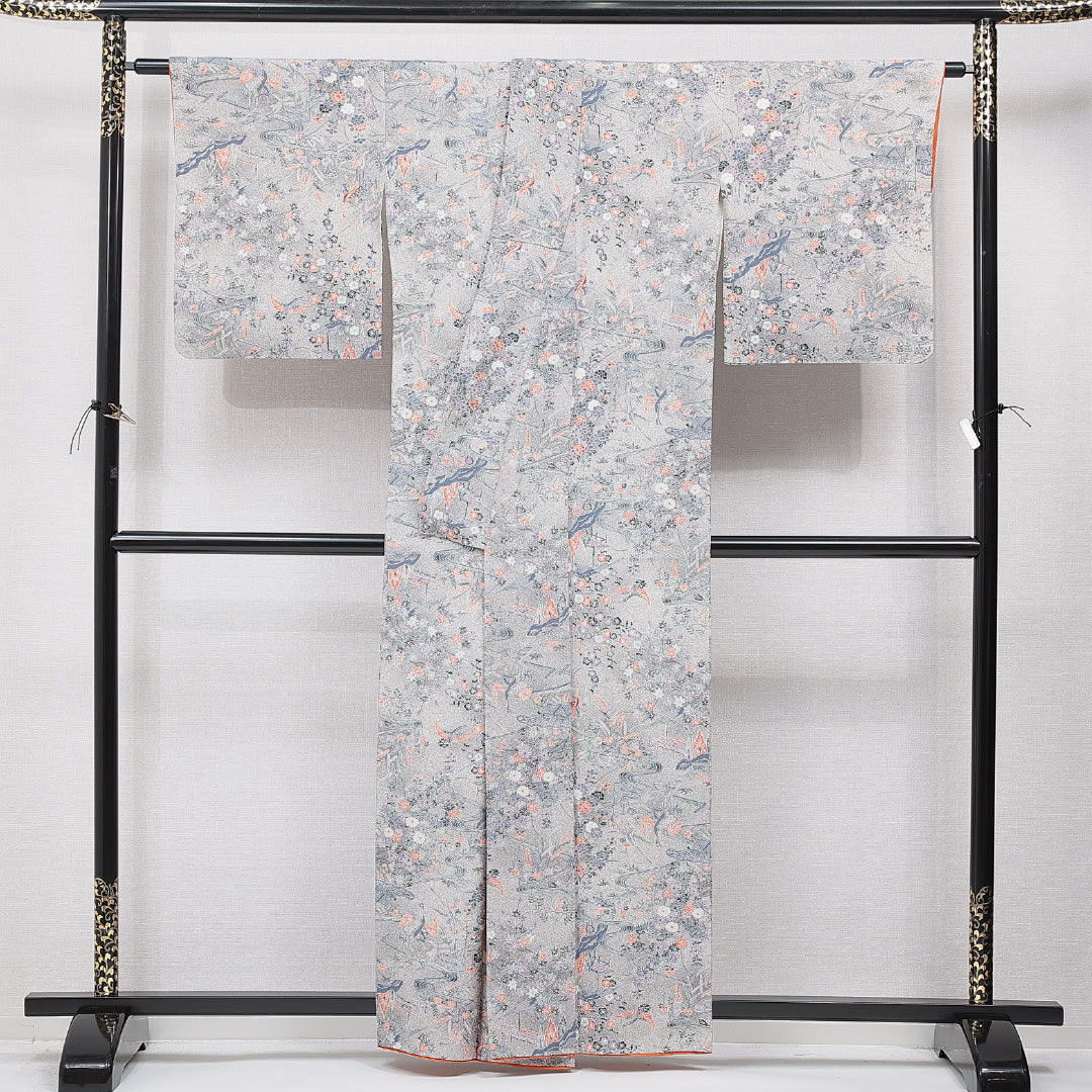 小紋 袷 身丈159cm 裄丈65cm 正絹 Aランク インフォーマル 広衿 Mサイズ 花喰鳥 梅 グレー系 RP 1221-15549