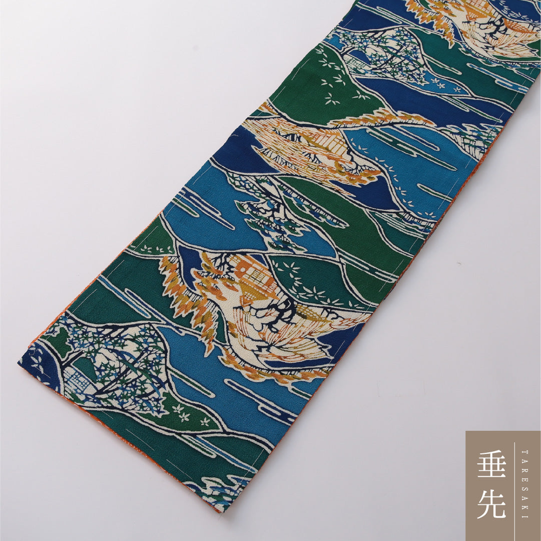 九寸名古屋帯 帯丈340cm カジュアル 開き仕立て 全通 Sランク 正絹 染め帯 ちりめん 茶屋辻 青系 多色系 1224-03211