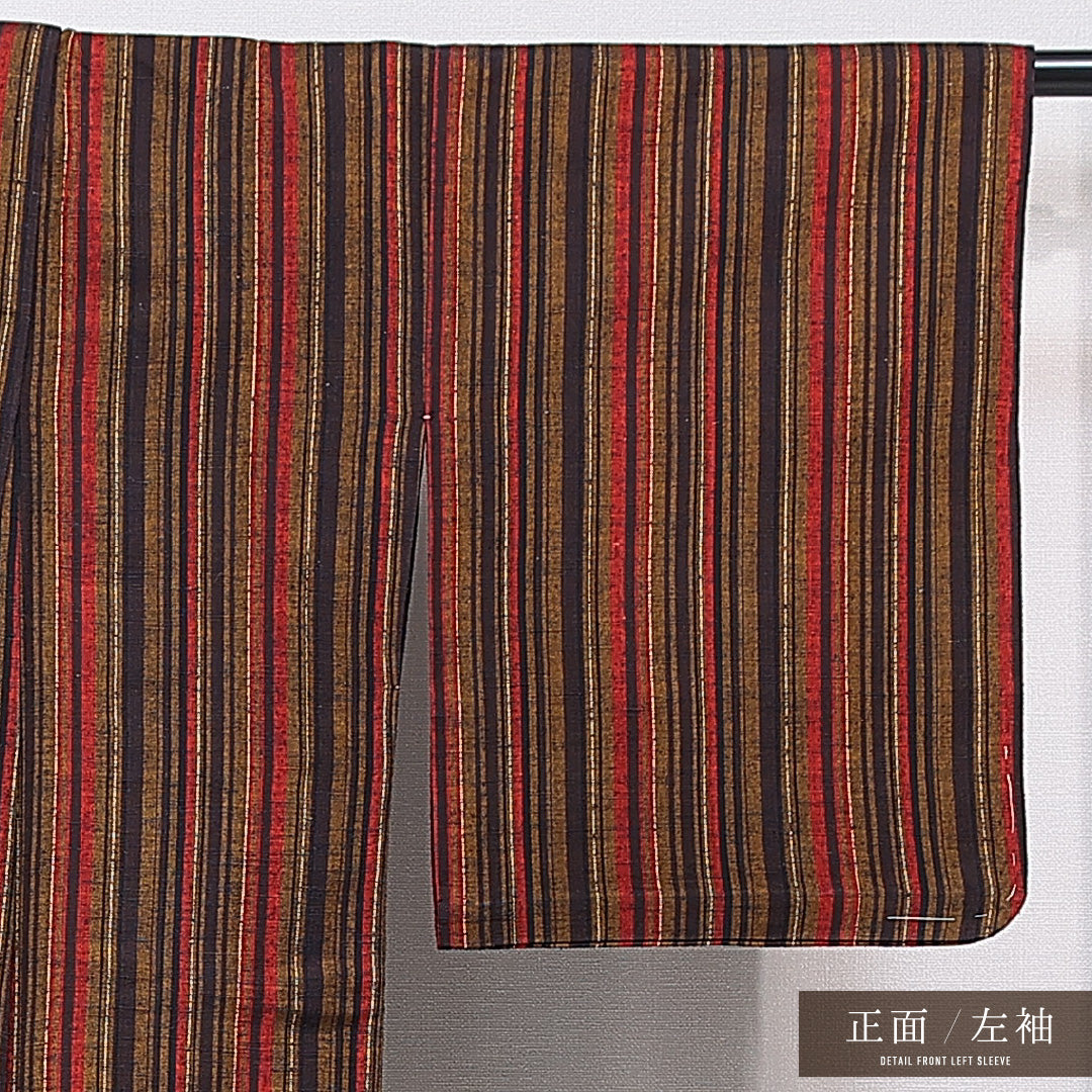 紬 単衣 身丈154cm 裄丈62cm 正絹 Sランク カジュアル バチ衿 Sサイズ 居敷当て 肩当て 縞 茶系 RP 1223-15539