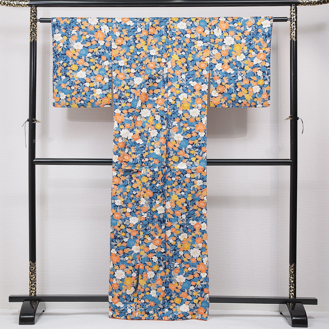 洗える着物 小紋 袷 身丈163cm 裄丈63cm ポリエステル Sランク インフォーマル 広衿 Lサイズ 花柄 多色系 RP 1221-15853