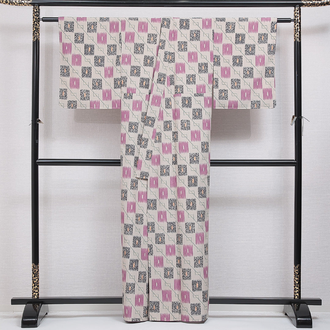 洗える着物 小紋 袷 身丈161cm 裄丈64cm ポリエステル Sランク インフォーマル バチ衿 Lサイズ 絣柄 グレー系 RP 1221-16311