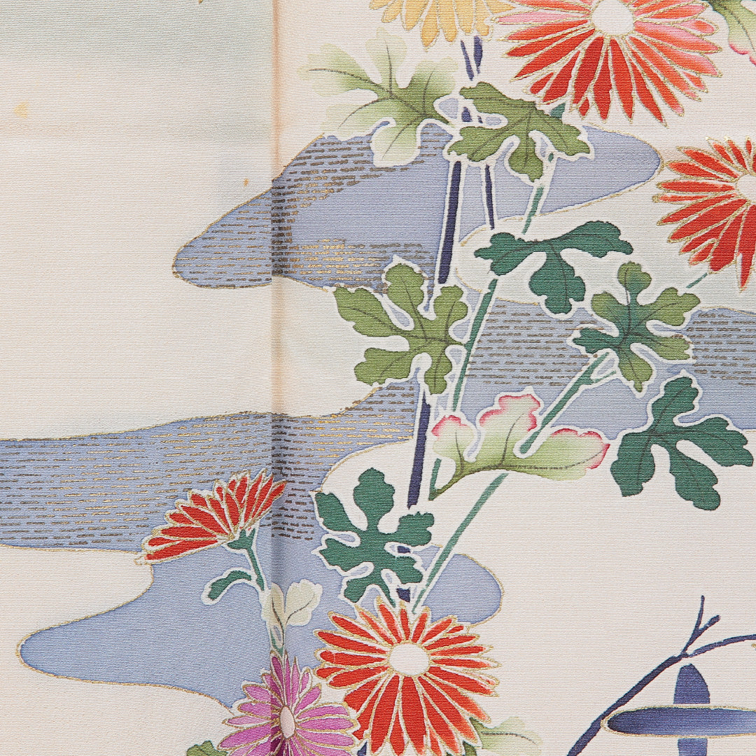 付下げ 袷 身丈156cm 裄丈62cm 正絹 Cランク Mサイズ 広衿 インフォーマル ちりめん 流水 菊 クリーム系 1261-16666