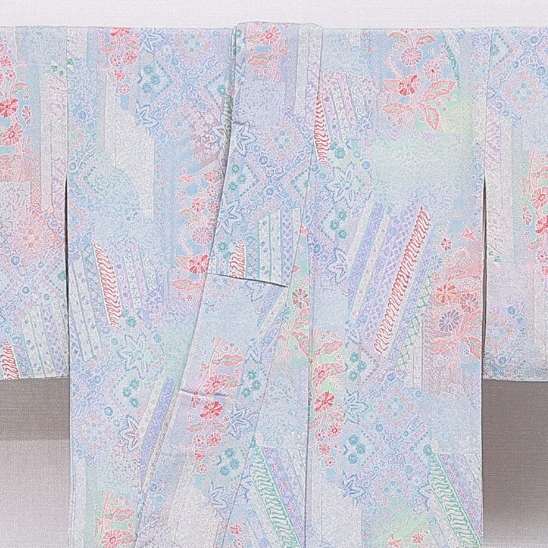 小紋 袷 身丈154cm 裄丈64cm 正絹 Sランク インフォーマル 広衿 Sサイズ 菊 グレー系 RP 1221-15526