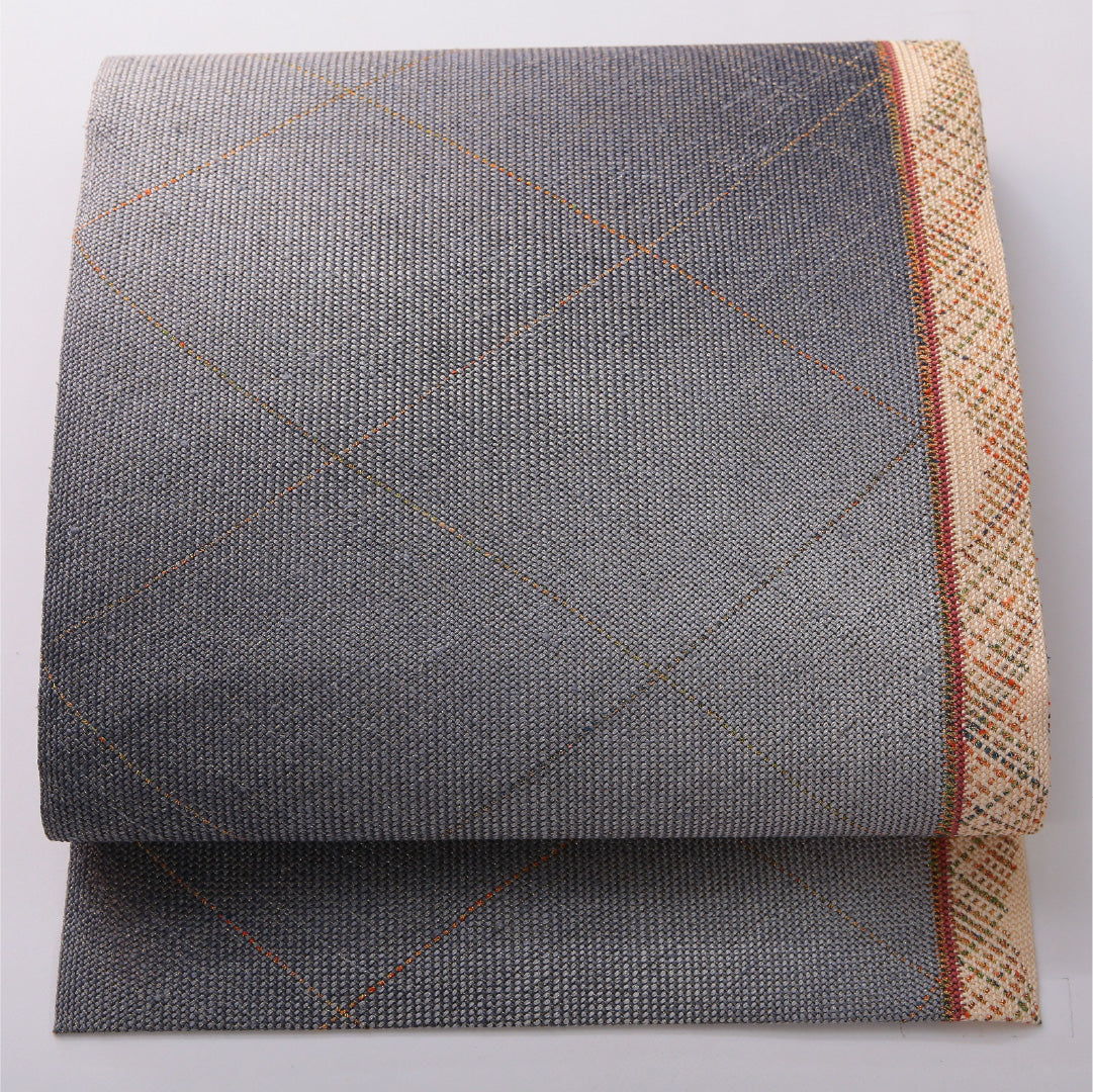 八寸名古屋帯 帯丈374cm カジュアル 松葉仕立て 全通 Sランク 正絹 創作柄 グレー系 1224-03617