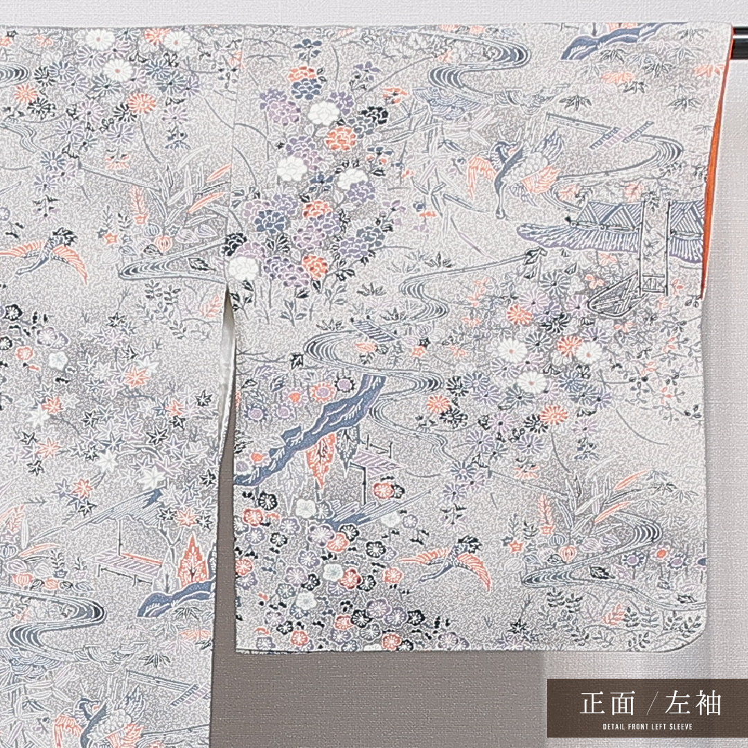 小紋 袷 身丈159cm 裄丈65cm 正絹 Aランク インフォーマル 広衿 Mサイズ 花喰鳥 梅 グレー系 RP 1221-15549