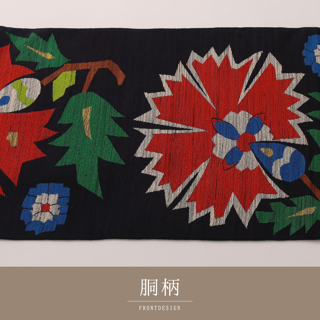 袋帯 帯丈424cm カジュアル 六通 帯芯なし Sランク 正絹 花柄 紺系 1223-01906