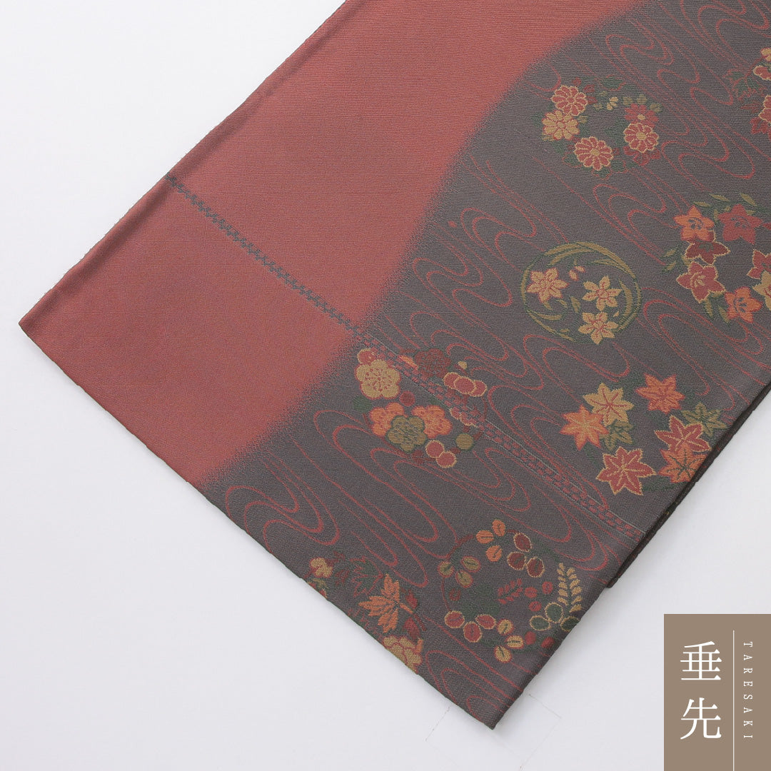 袋帯 帯丈432cm 正絹 六通 帯芯なし セミフォーマル 光琳波 丸文 グレー系 赤系 1243-02223