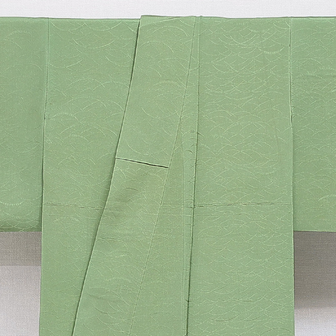 小紋 袷 身丈150cm 裄丈60cm 正絹 モンモリローナイト Sランク Sサイズ 広衿 インフォーマル ちりめん 扇 菊 緑系 1215-15906