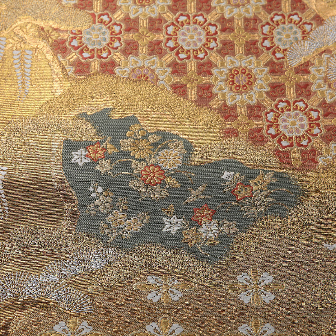 袋帯 帯丈440cm フォーマル 全通 Sランク 正絹 菊 紅葉 金系 1223-02069