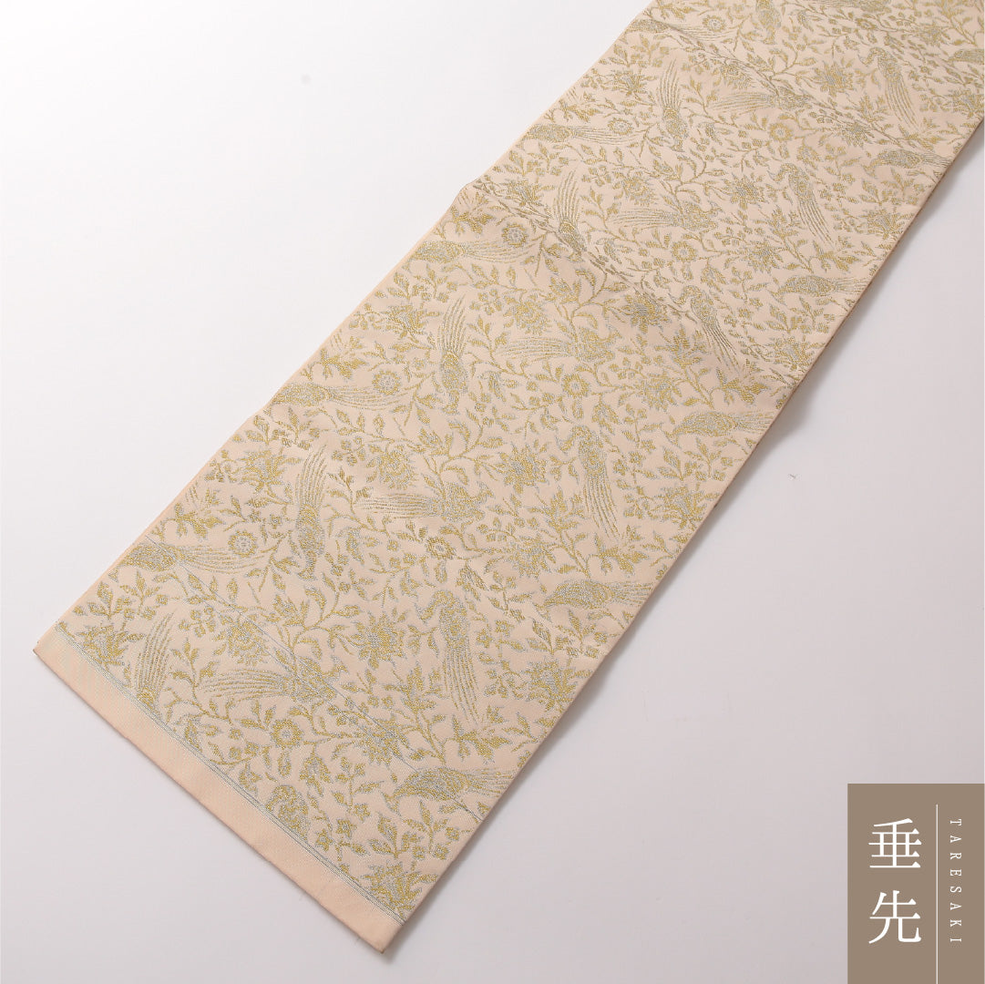 九寸名古屋帯 帯丈376cm カジュアル 開き仕立て 全通 未仕立て Aランク 正絹 花柄 クリーム系 1224-03195