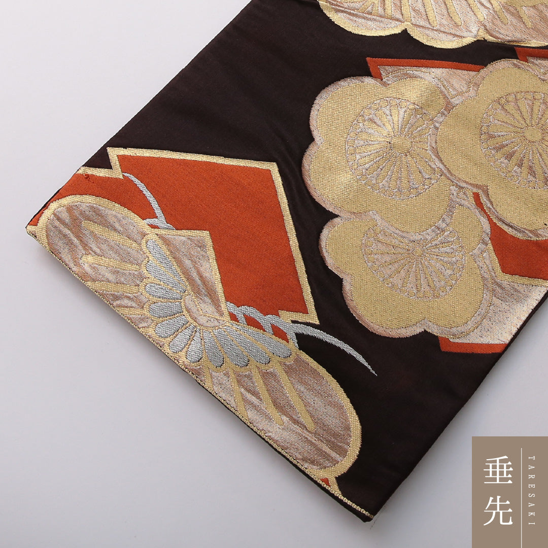 アンティーク 袋帯 帯丈416cm フォーマル 六通 未仕立て 帯芯なし Aランク 正絹 梅 笠松 茶系 1223-01974