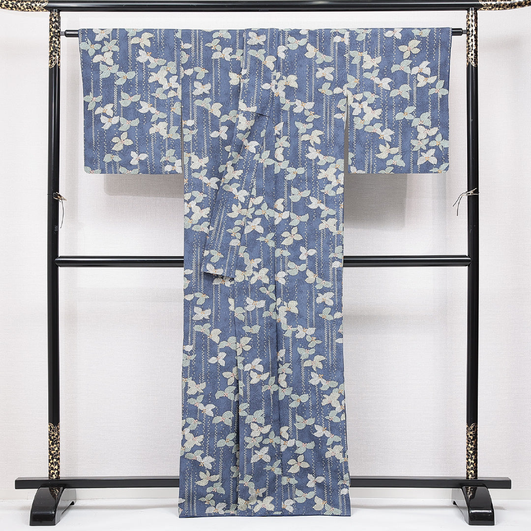 小紋 洗える着物 袷 身丈164cm 裄丈66cm ポリエステル Sランク Lサイズ 広衿 インフォーマル ふくれ織 鹿の子柄 花柄 紺系 1215-15102