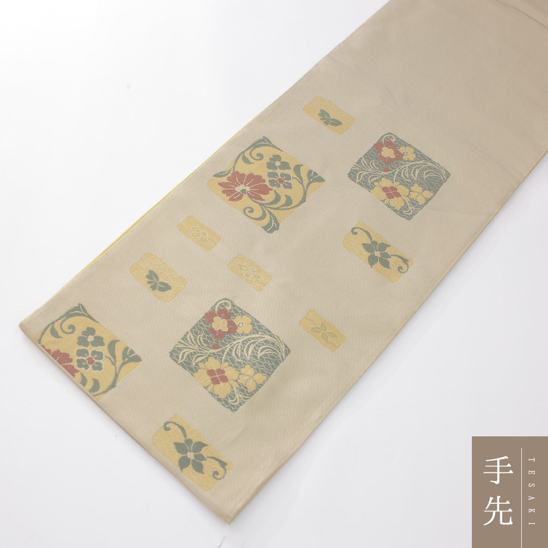 袋帯 帯丈436cm 正絹 六通 帯芯なし インフォーマル 色紙 花柄 ベージュ系 1243-02260