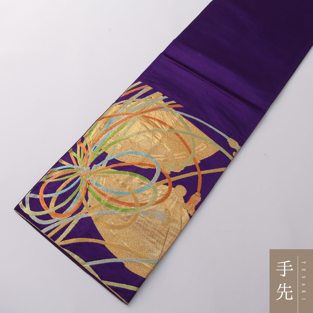 袋帯 帯丈420cm 正絹 六通 帯芯なし フォーマル 檜扇 組紐 紫系 金系 1243-01952