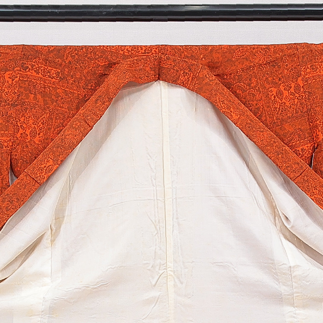 アンティーク 小紋 袷 身丈155cm 裄丈62cm 正絹 Aランク Mサイズ バチ衿 更紗 ちりめん 花柄 赤系 朱系 1215-15683