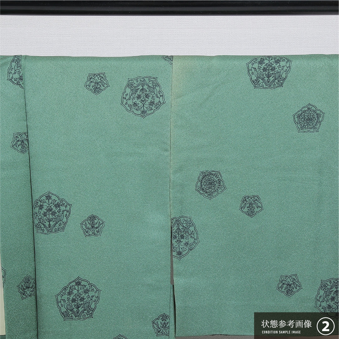 羽織 袷 身丈73cm 裄丈61cm 正絹 Bランク カジュアル Sサイズ 紐あり 鏡裏文 緑系 RP 1232-16119