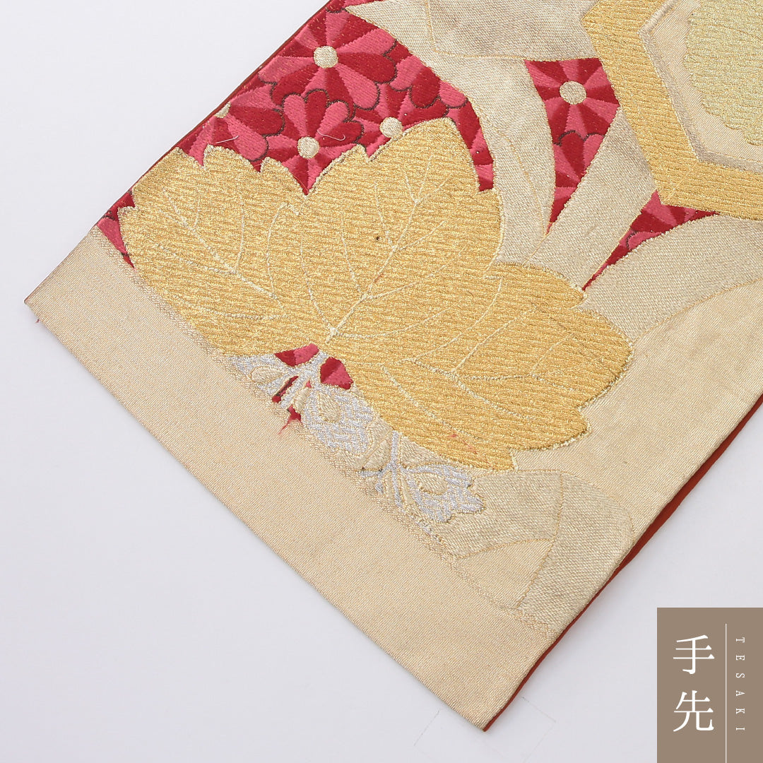 袋帯 帯丈418cm 正絹 六通 フォーマル 熨斗 菊亀甲 桐 金系 赤系 1243-02181