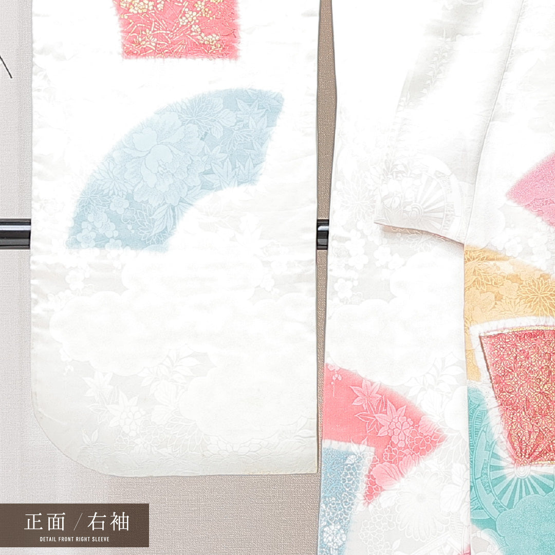 振袖 袷 身丈159cm 裄丈64cm フォーマル Cランク Mサイズ 正絹 広衿 扇 七宝 金駒刺繍 1213-F0704