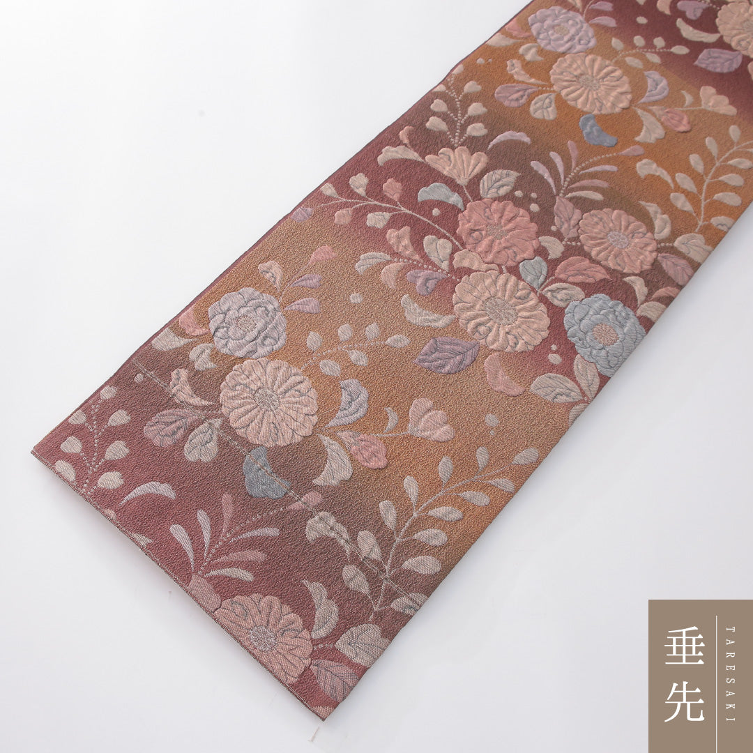 袋帯 帯丈432cm 正絹 六通 帯芯なし セミフォーマル ふくれ織 唐草華文 ピンク系 1243-02278