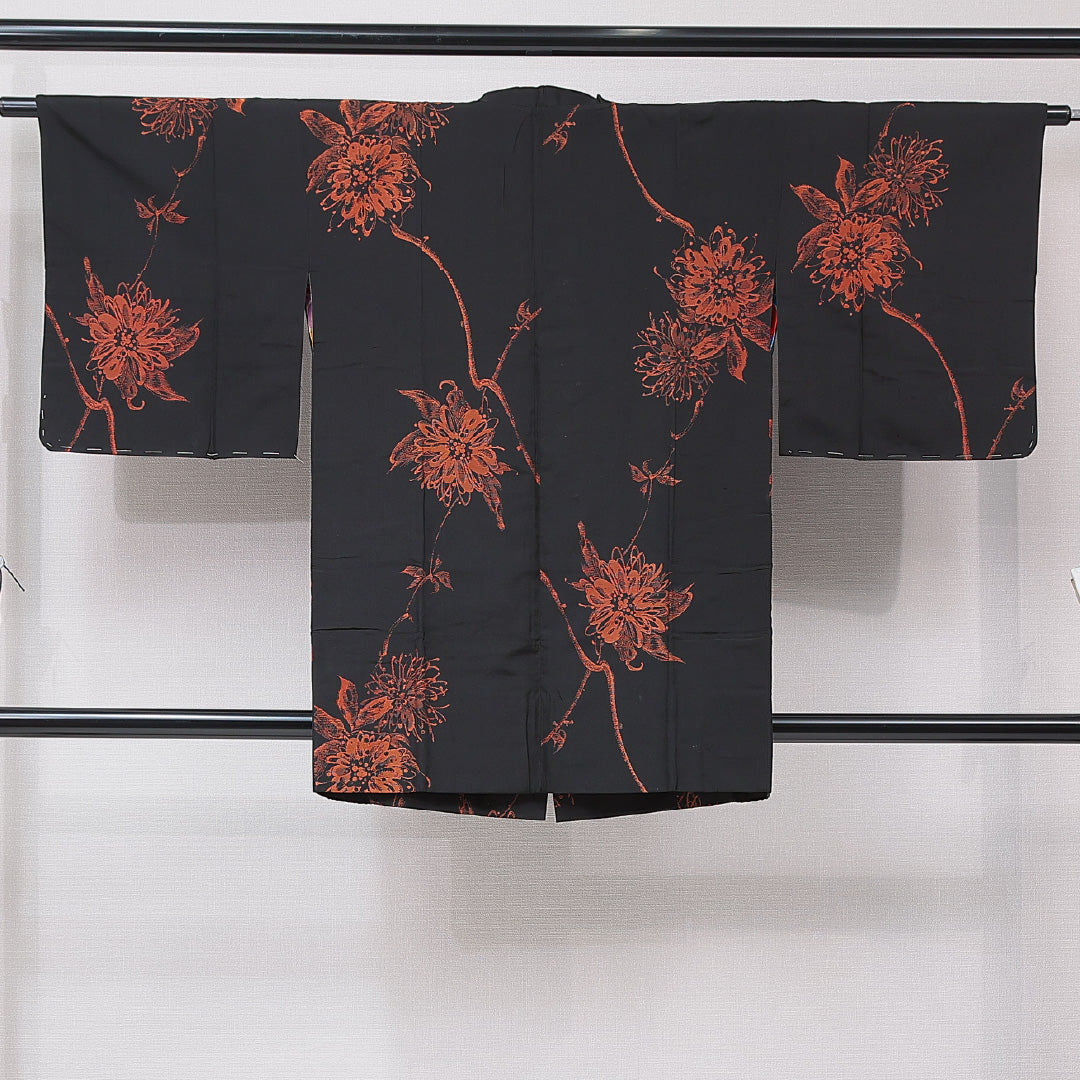 アンティーク 道行コート(お召) 袷 身丈88cm 裄丈62cm 正絹 Aランク Sサイズ ポケットあり 花柄 黒系 1263-16802