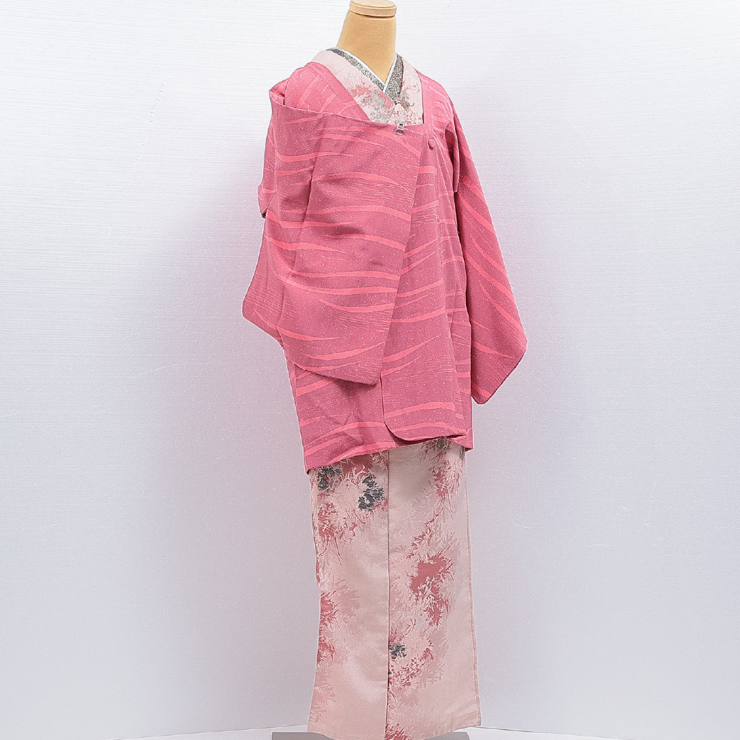 道行コート 袷 身丈83cm 裄丈63cm 正絹 Bランク セミフォーマル Sサイズ ポケットあり 抽象柄 ピンク系 HP 1237-16129