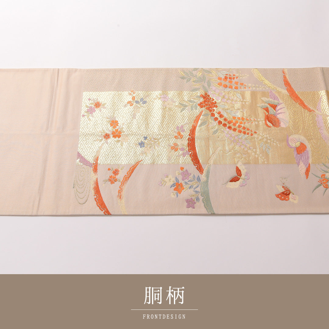 袋帯 帯丈444cm フォーマル 六通 Sランク 正絹 蝶 鴛鴦 金系 1223-01870