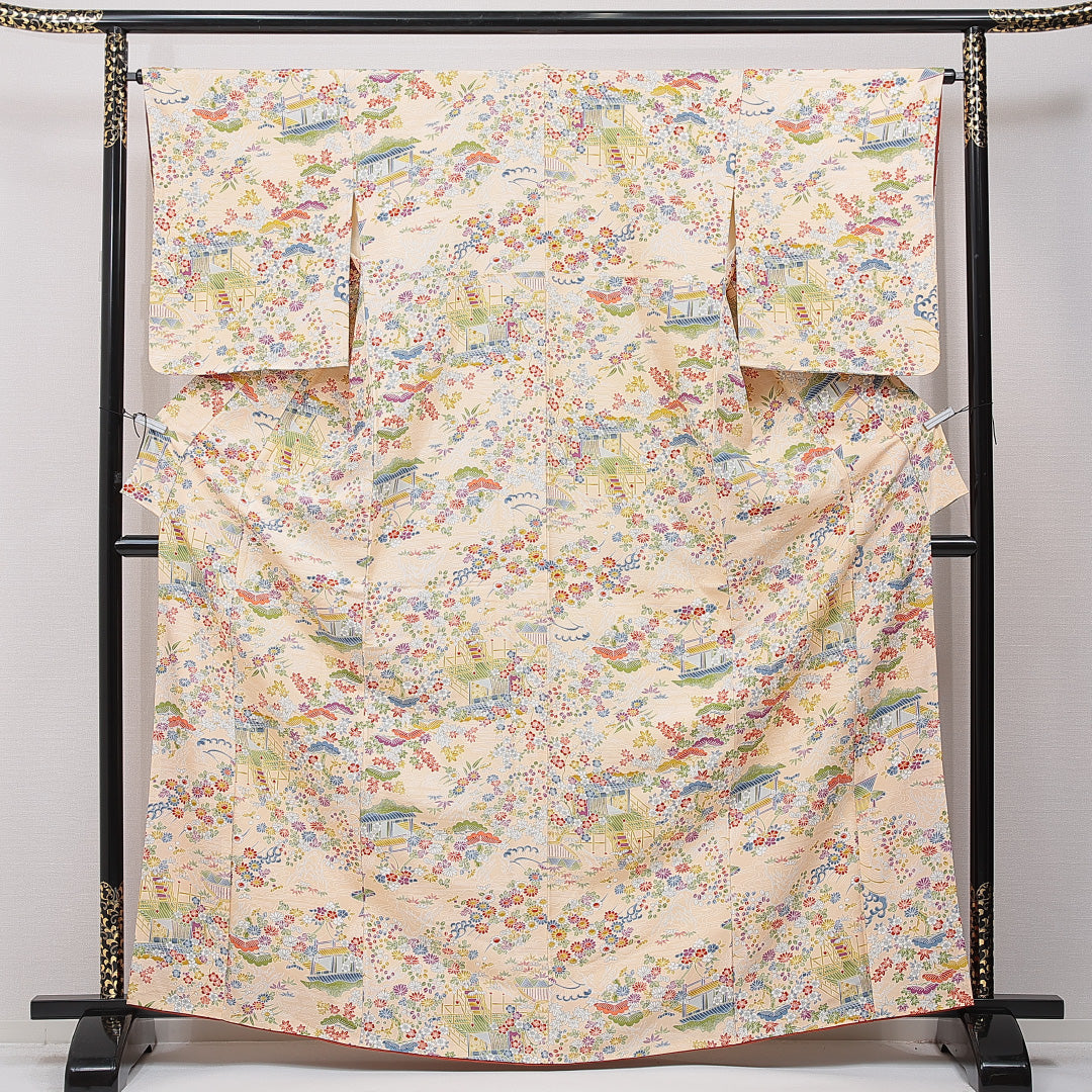 未使用品 小紋 袷 身丈165cm 裄丈64cm 正絹 Nランク インフォーマル バチ衿 XLサイズ 御所解 紅葉 クリーム系 RP 1221-15376