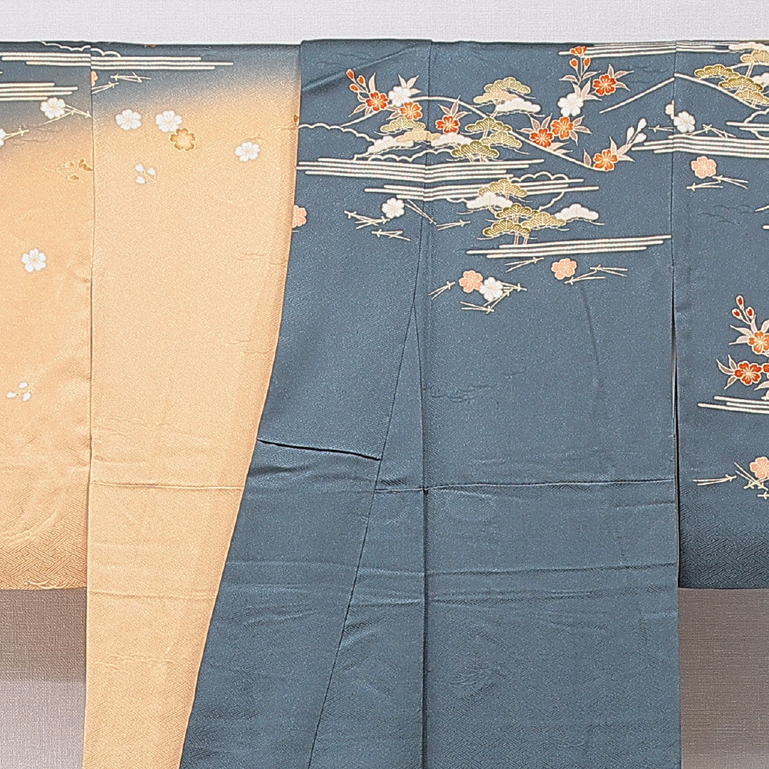 訪問着 袷 身丈157cm 裄丈62cm 正絹 Sランク 紋意匠 (紗綾型) セミフォーマル 広衿 Mサイズ 金駒刺繍 雲取り 桜 松 紺系 RP 1217-15746