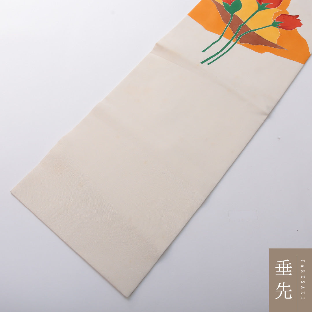 九寸名古屋帯 帯丈359cm カジュアル 名古屋仕立て ポイント柄 Cランク 正絹 染め帯 塩瀬 花柄 クリーム系 1224-03452