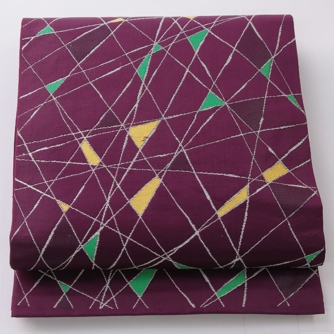 袋帯 帯丈434cm インフォーマル 六通 帯芯なし Cランク 正絹 創作柄 紫系 1223-02246