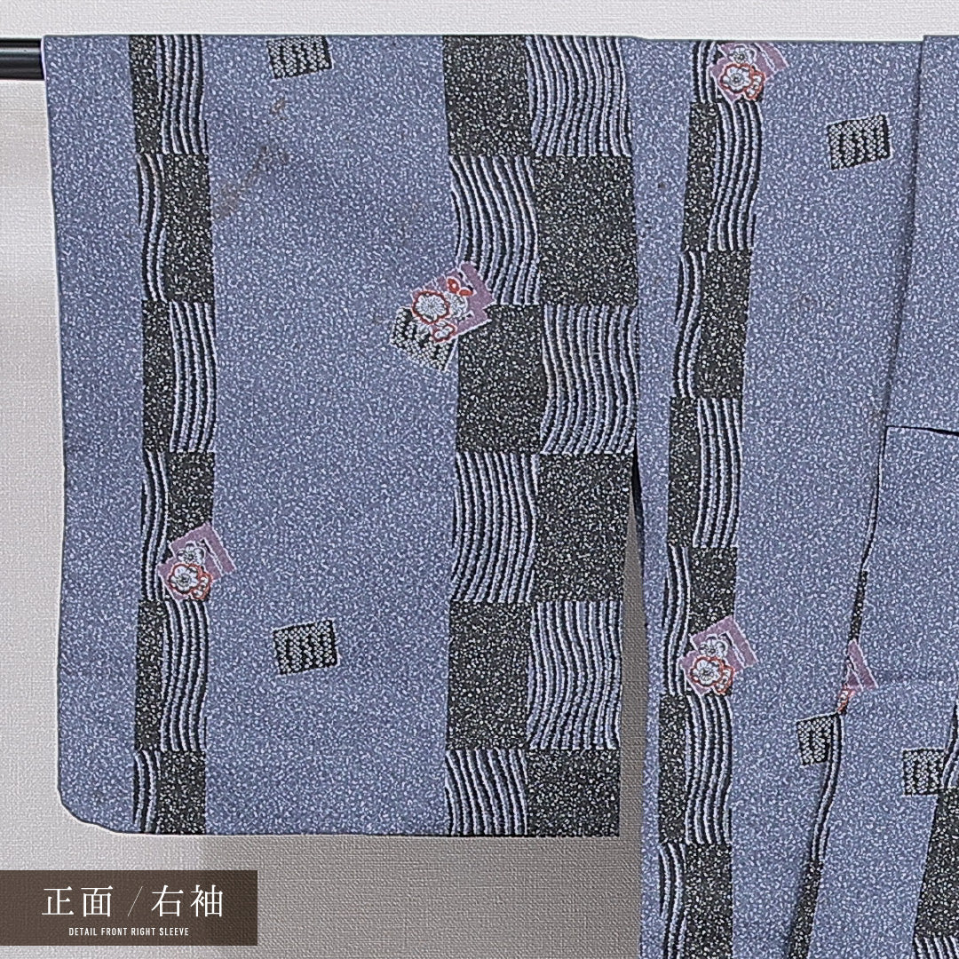 小紋 洗える着物 胴抜き 身丈162cm 裄丈67cm ポリエステル Cランク Lサイズ バチ衿 インフォーマル 花柄 青系 1215-16339