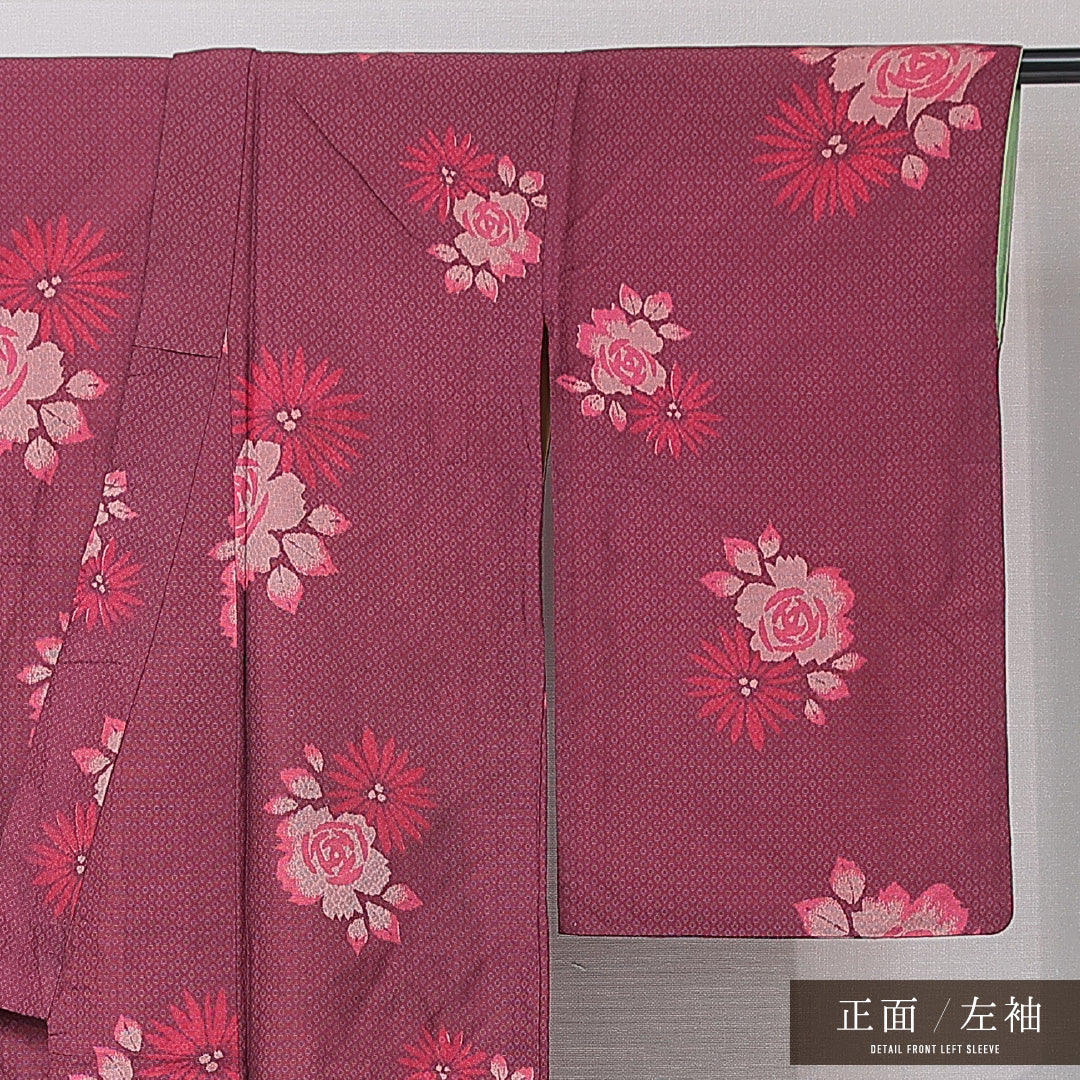アンティーク お召 袷 身丈147cm 裄丈62cm 正絹 Aランク バチ衿 XSサイズ 薔薇 赤系 M4 1222-15141