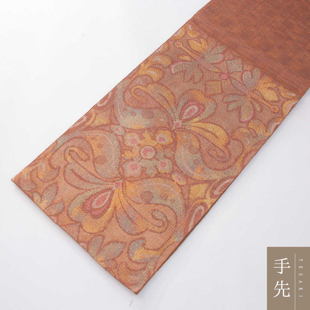 袋帯(紬) 帯丈432cm 正絹 六通 カジュアル ペルシャ文様 朱系 1243-02271