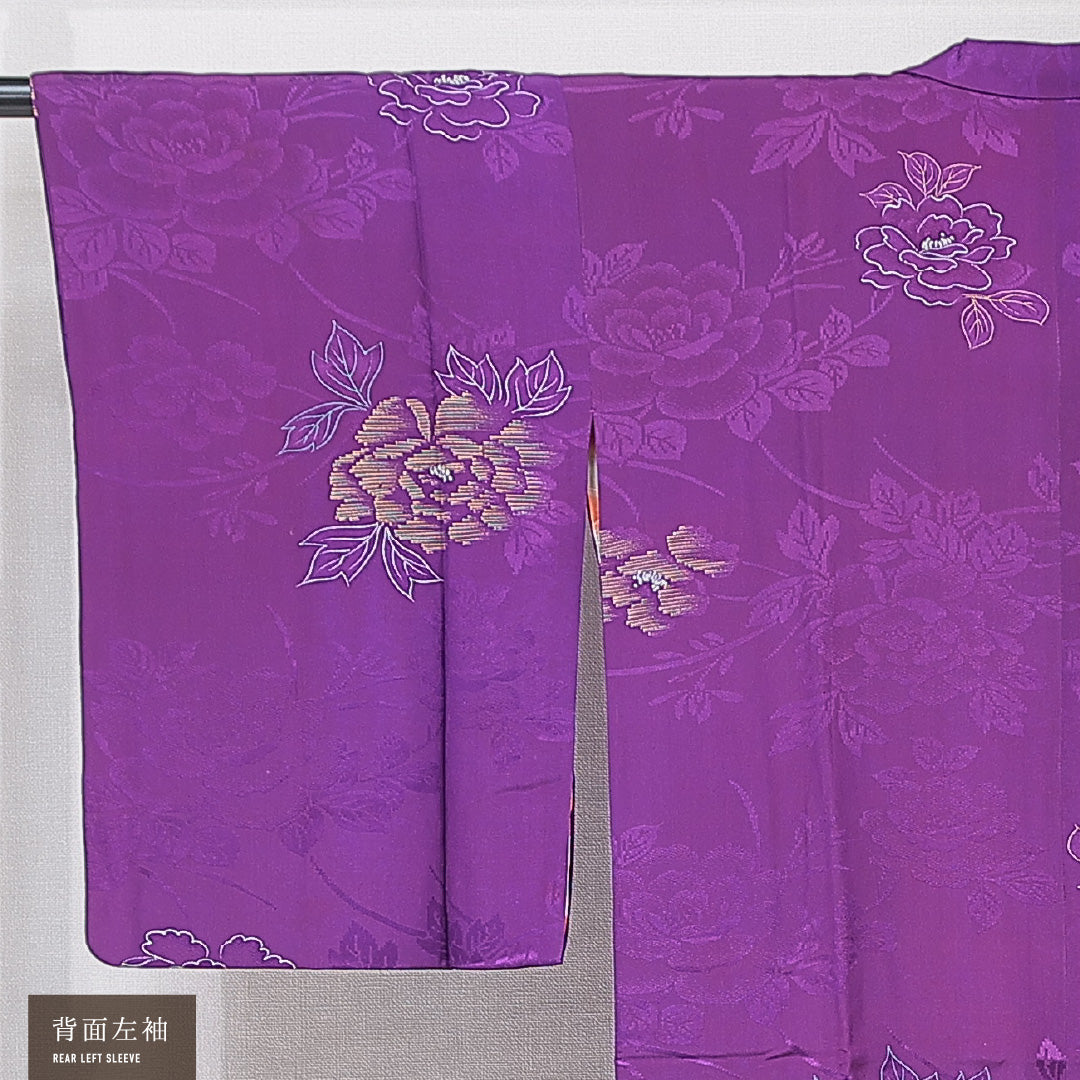 アンティーク 道行コート 袷 身丈112cm 裄丈63cm 正絹 Aランク Sサイズ 牡丹 紫系 M4 1237-15165