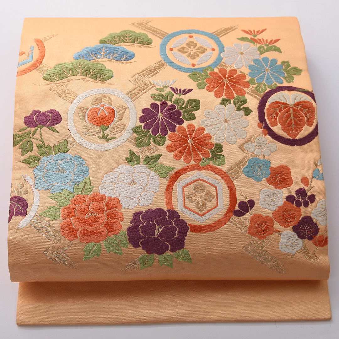 九寸名古屋帯 帯丈354cm セミフォーマル 名古屋仕立て ポイント柄 Cランク 正絹 菊 朱系 1224-03552