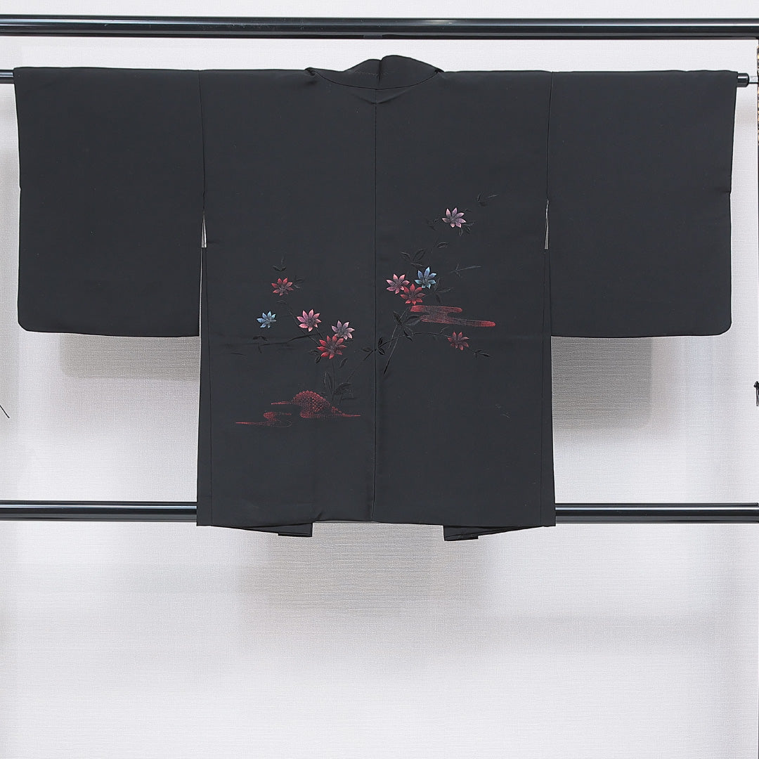 黒羽織 袷 身丈82cm 裄丈63cm 正絹 Sランク インフォーマル Sサイズ 刺繍 花柄 黒系 RP 1233-16825