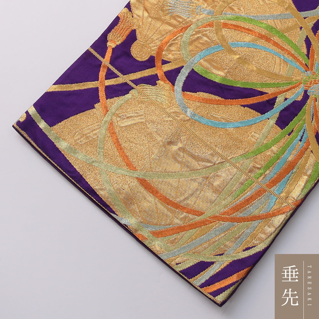 袋帯 帯丈420cm 正絹 六通 帯芯なし フォーマル 檜扇 組紐 紫系 金系 1243-01952